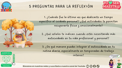Preguntas para reflexionar sobre el descanso y el autocuidado docente.