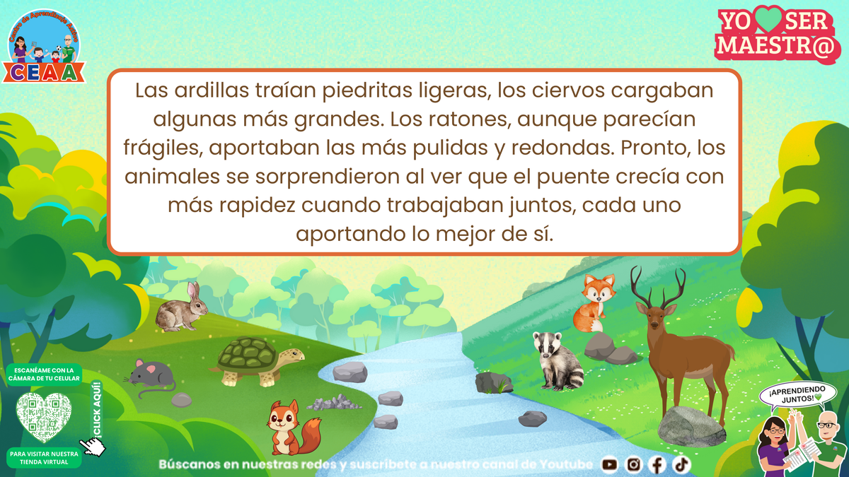 Los animales suman sus diferentes aportes para construir el puente; página 7.