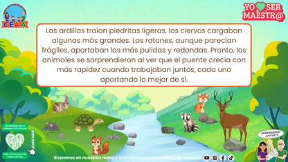 Los animales suman sus diferentes aportes para construir el puente; página 7.