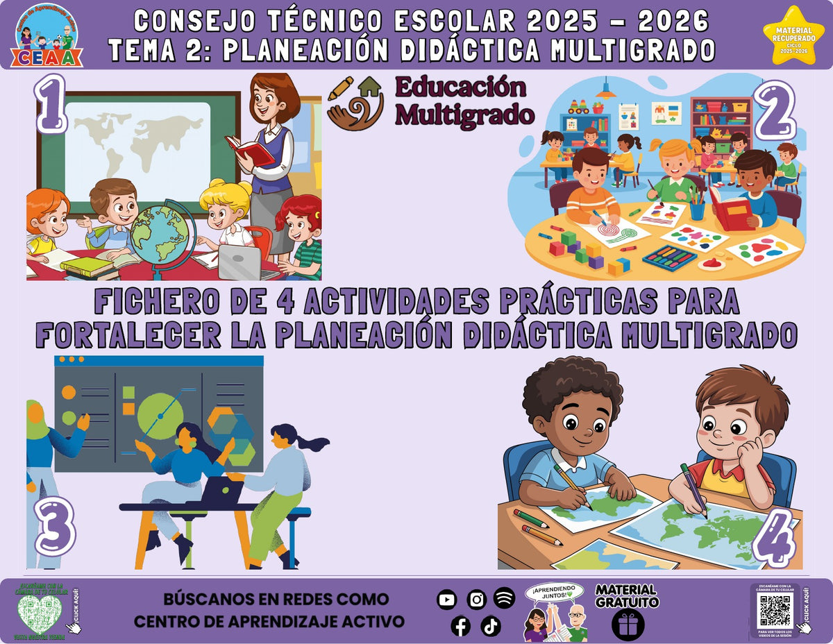 Portada del fichero de cuatro actividades sobre Planeación didáctica multigrado en PDF (Material recuperado 25/26)