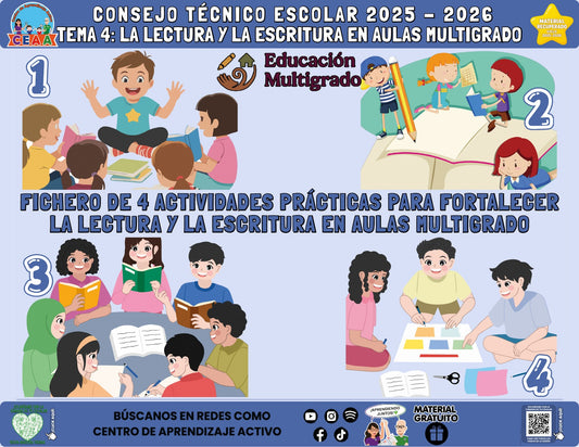 Portada del fichero de cuatro actividades sobre Lectura y escritura en aulas multigrado en PDF (Material recuperado 25/26)