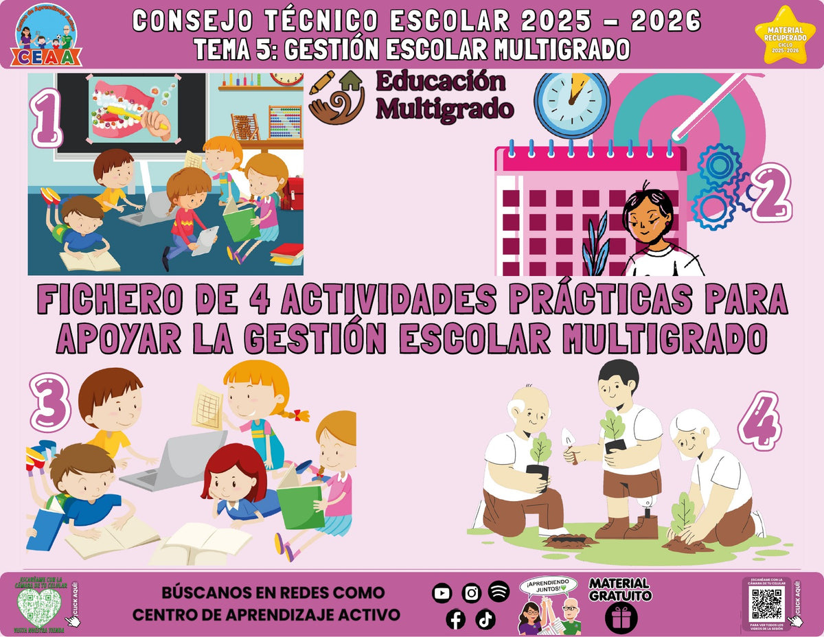 Portada del fichero de cuatro actividades sobre Gestión escolar multigrado en PDF (Material recuperado 25/26)
