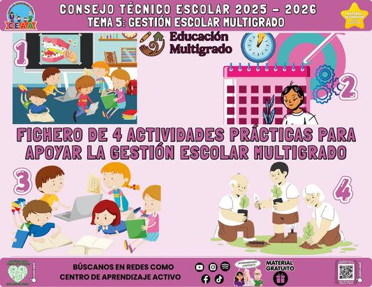 Portada del fichero de cuatro actividades sobre Gestión escolar multigrado en PDF (Material recuperado 25/26)
