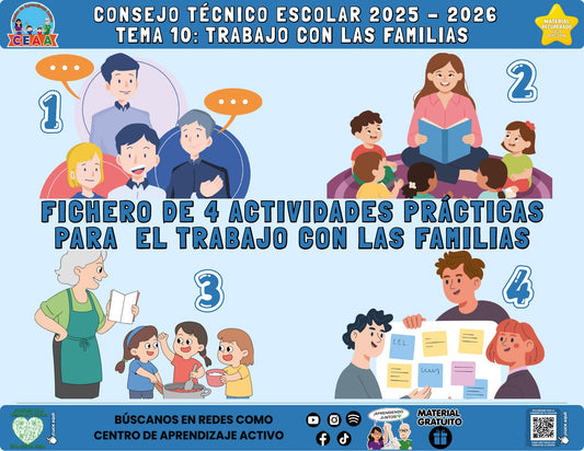 Portada del fichero de cuatro actividades sobre Trabajo con las familias en PDF (Material recuperado 25/26)