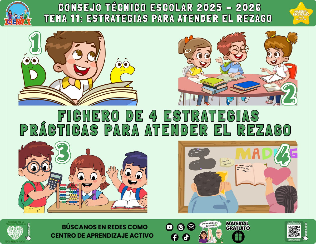 Portada del fichero de cuatro actividades sobre Estrategias para atender el rezago en PDF (Material recuperado 25/26)