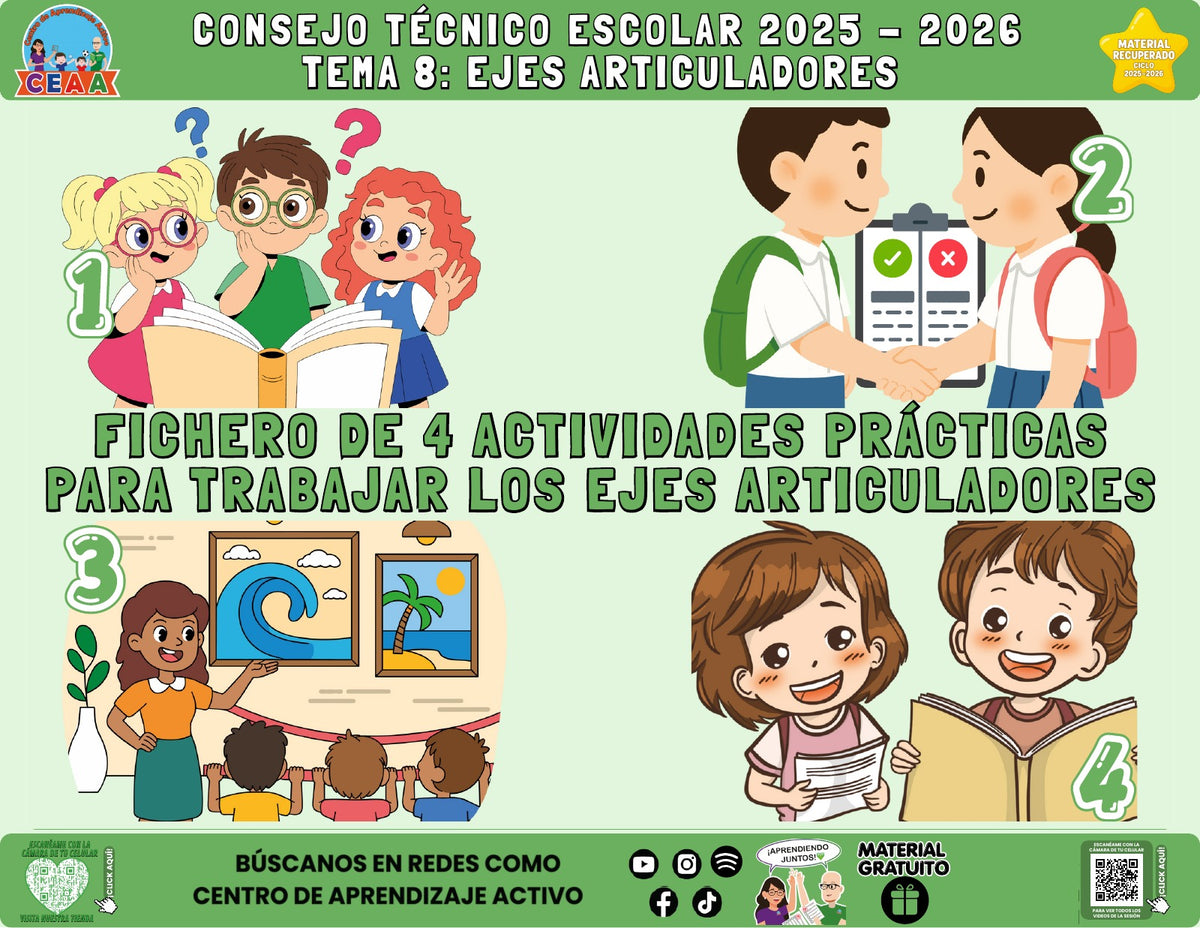 Portada del fichero de cuatro actividades sobre Ejes articuladores en PDF (Material recuperado 25/26)