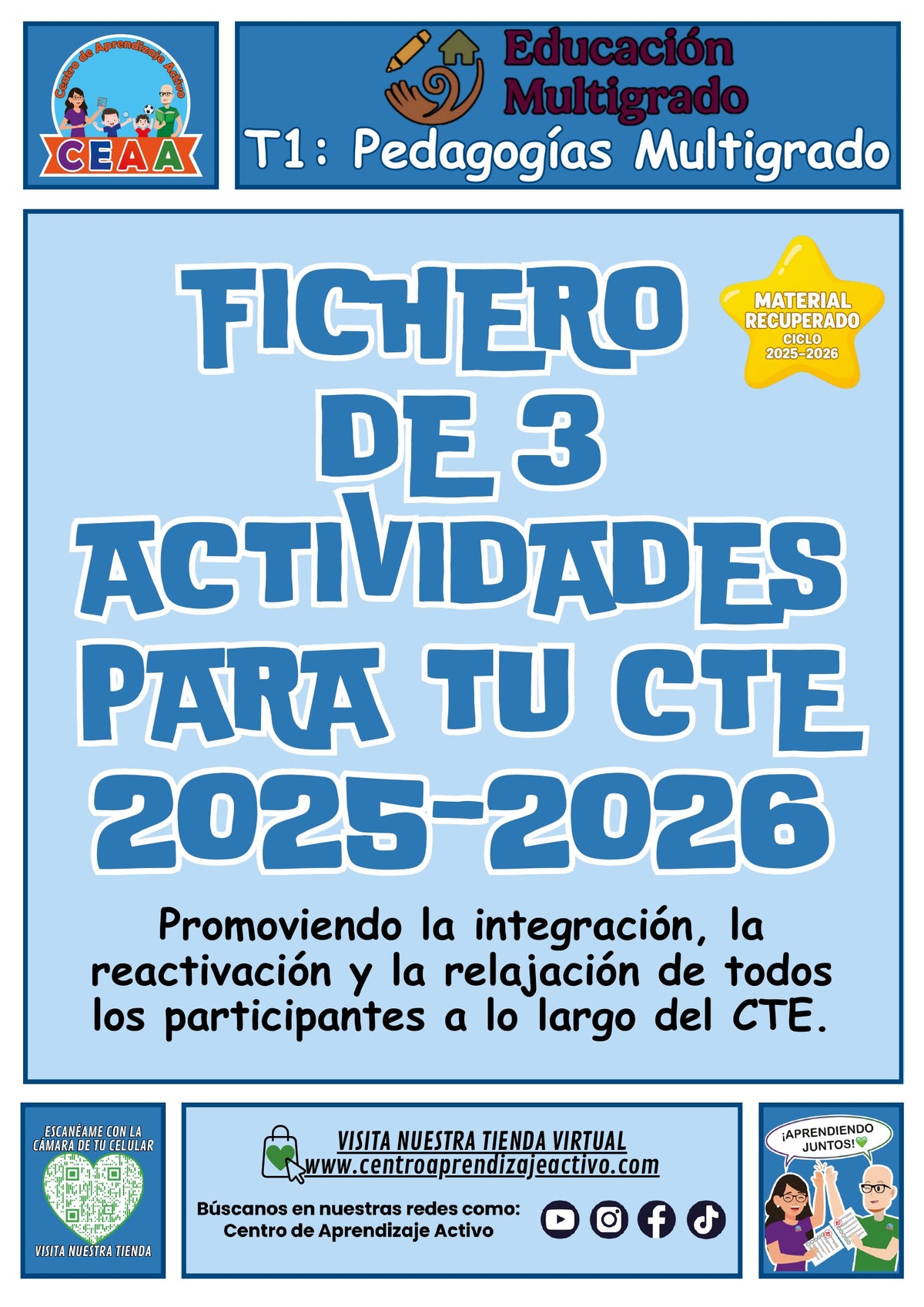 Portada del fichero de tres actividades para el CTE: Pedagogías multigrado, tema 1 de multigrado. Bienvenida e integración, pausa activa, relajación y cierre. Material recuperado 25/26.