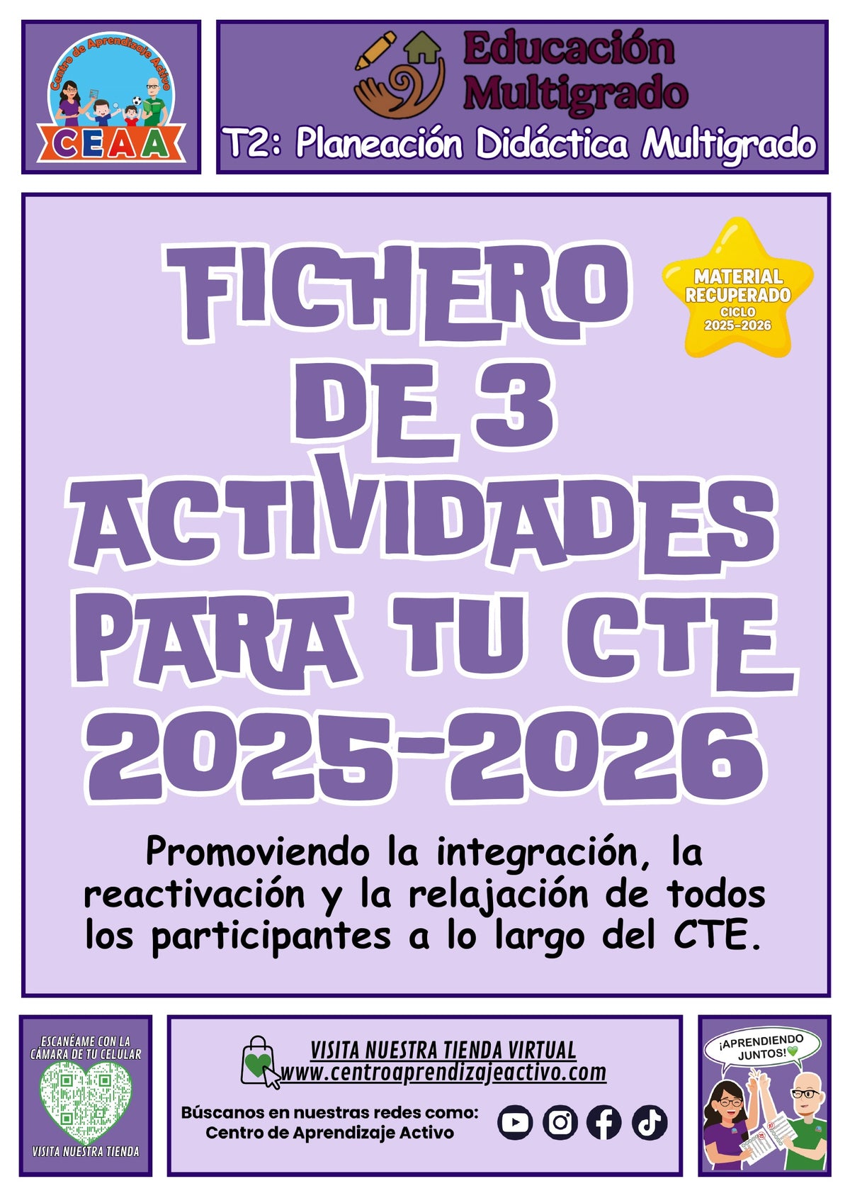 Portada del fichero de tres actividades para el CTE: Planeación didáctica multigrado, tema 2 de multigrado. Bienvenida e integración, pausa activa, relajación y cierre. Material recuperado 25/26.