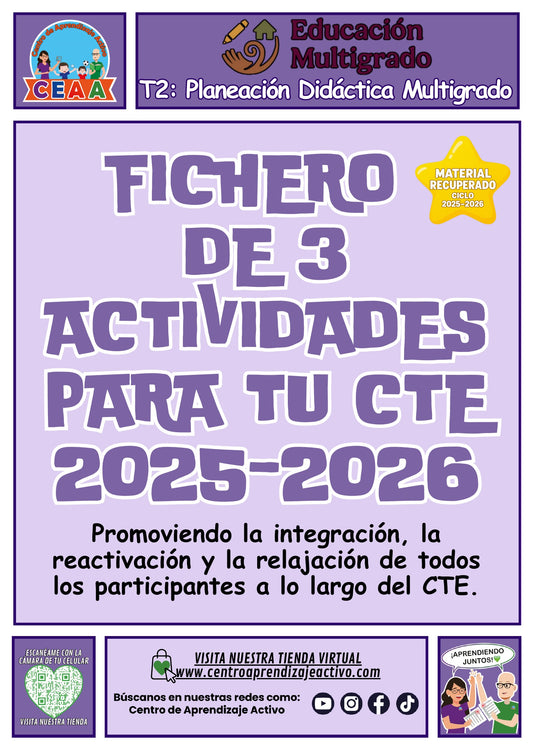 Portada del fichero de tres actividades para el CTE: Planeación didáctica multigrado, tema 2 de multigrado. Bienvenida e integración, pausa activa, relajación y cierre. Material recuperado 25/26.