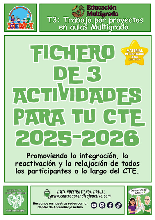 Portada del fichero de tres actividades para el CTE: Trabajo por proyectos en aulas multigrado, tema 3 de multigrado. Bienvenida e integración, pausa activa, relajación y cierre. Material recuperado 25/26.