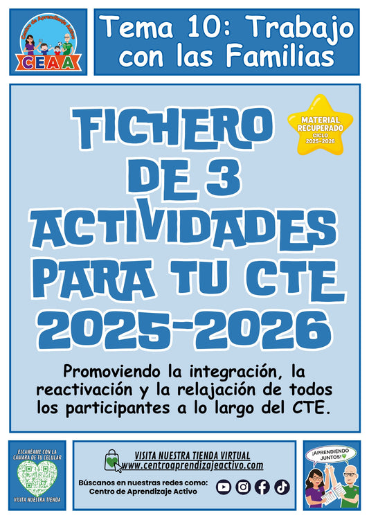 Portada del fichero de tres actividades para el CTE: Trabajo con las familias, tema 10. Bienvenida e integración, pausa activa, relajación y cierre. Material recuperado 25/26.