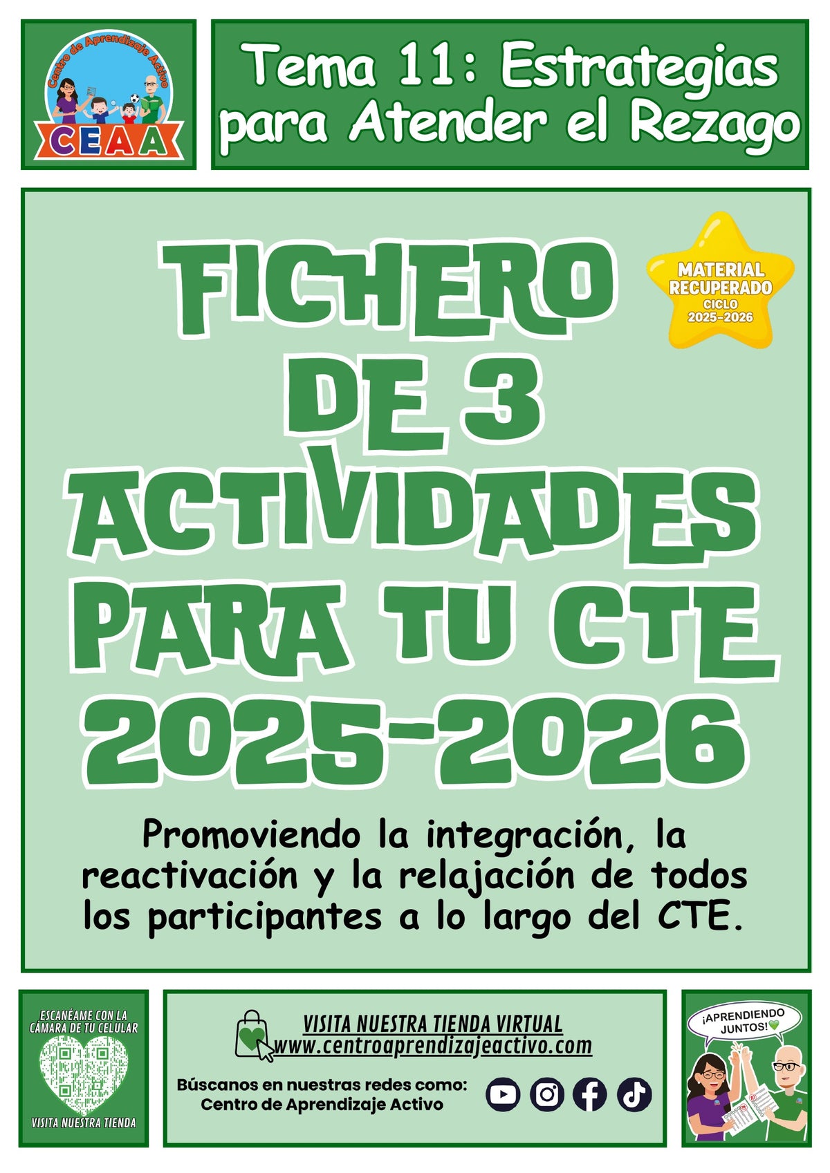 Portada del fichero de tres actividades para el CTE: Estrategias para atender el rezago, tema 11. Bienvenida e integración, pausa activa, relajación y cierre. Material recuperado 25/26.