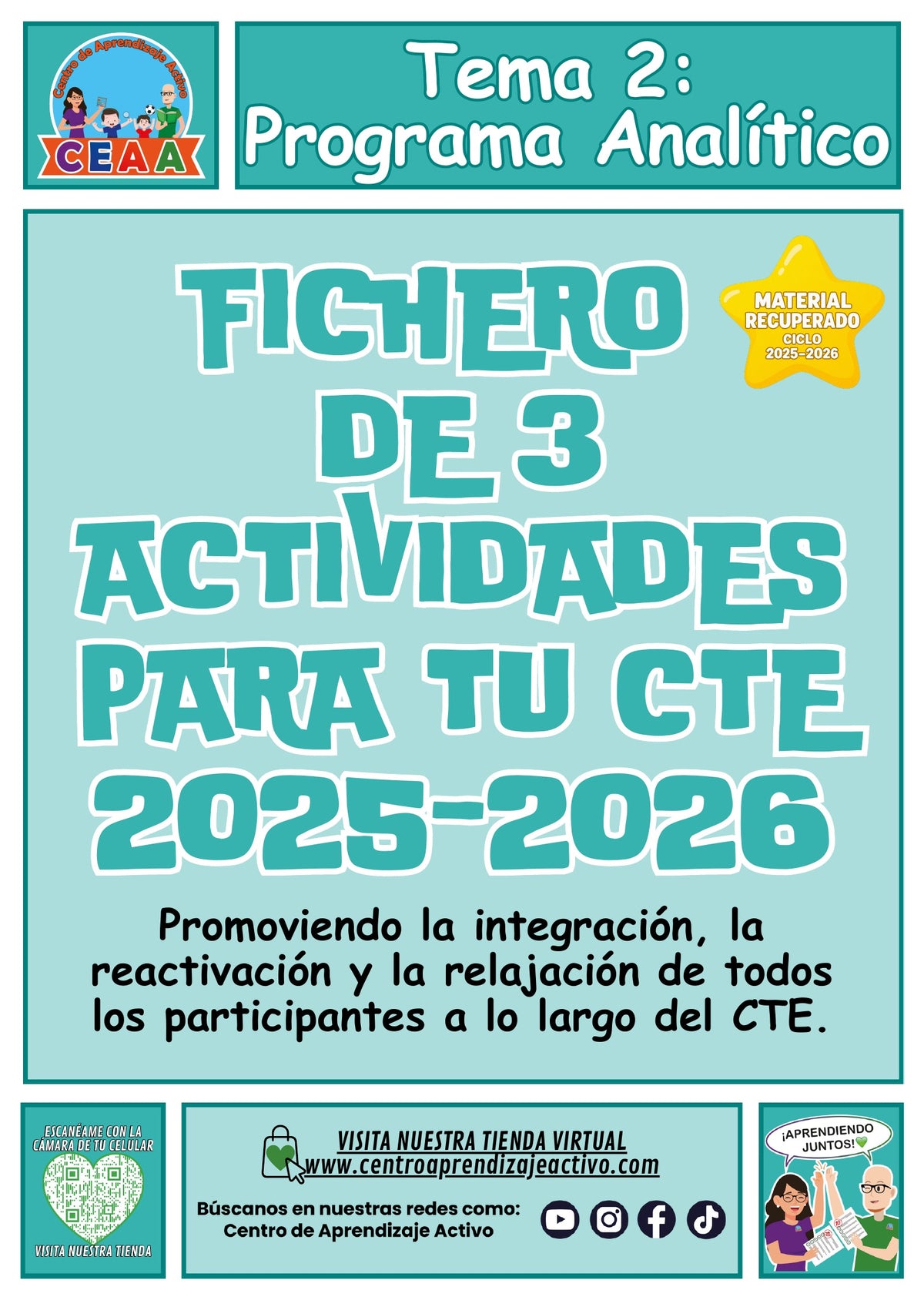 Portada del fichero de tres actividades para el CTE: Programa analítico, tema 2. Bienvenida e integración, pausa activa, relajación y cierre. Material recuperado 25/26.