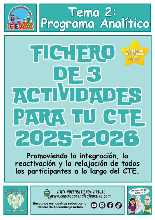 Portada del fichero de tres actividades para el CTE: Programa analítico, tema 2. Bienvenida e integración, pausa activa, relajación y cierre. Material recuperado 25/26.
