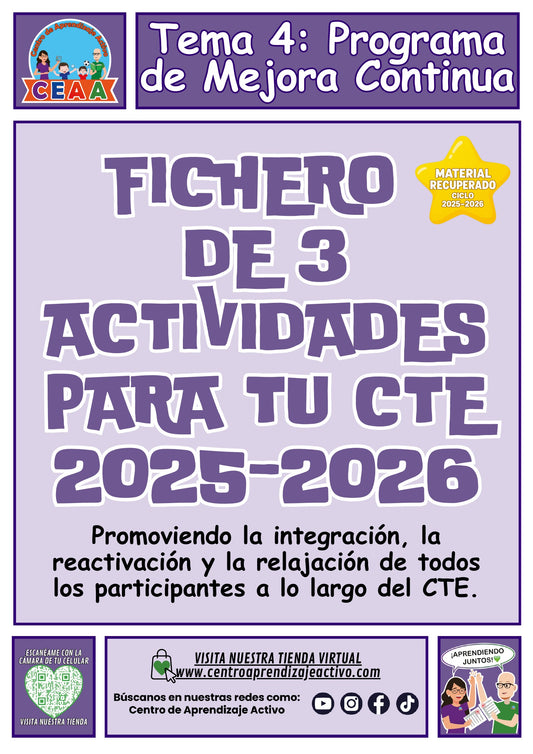 Portada del fichero de tres actividades para el CTE: Programa de mejora continua, tema 4. Bienvenida e integración, pausa activa, relajación y cierre. Material recuperado 25/26.