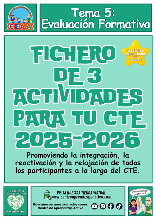 Portada del fichero de tres actividades para el CTE: Evaluación formativa, tema 5. Bienvenida e integración, pausa activa, relajación y cierre. Material recuperado 25/26.