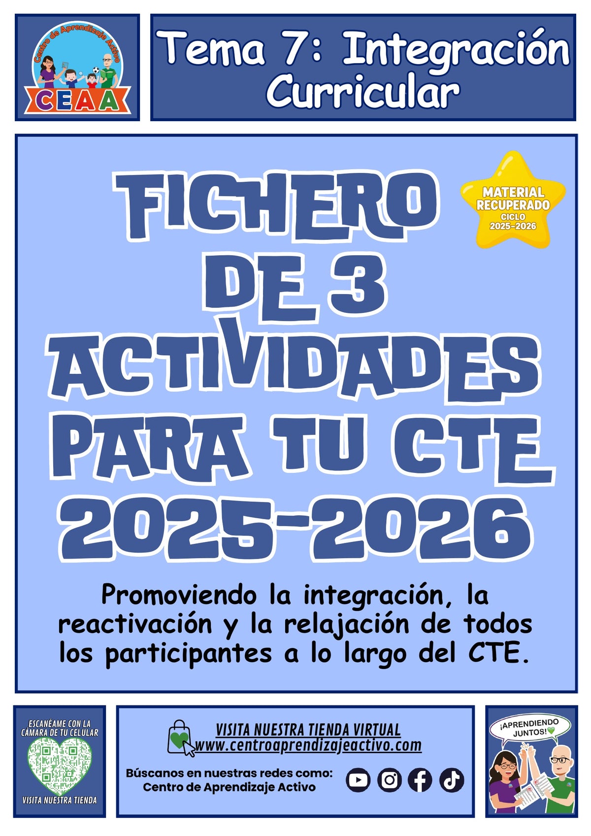 Portada del fichero de tres actividades para el CTE: Integración curricular, tema 7. Bienvenida e integración, pausa activa, relajación y cierre. Material recuperado 25/26.