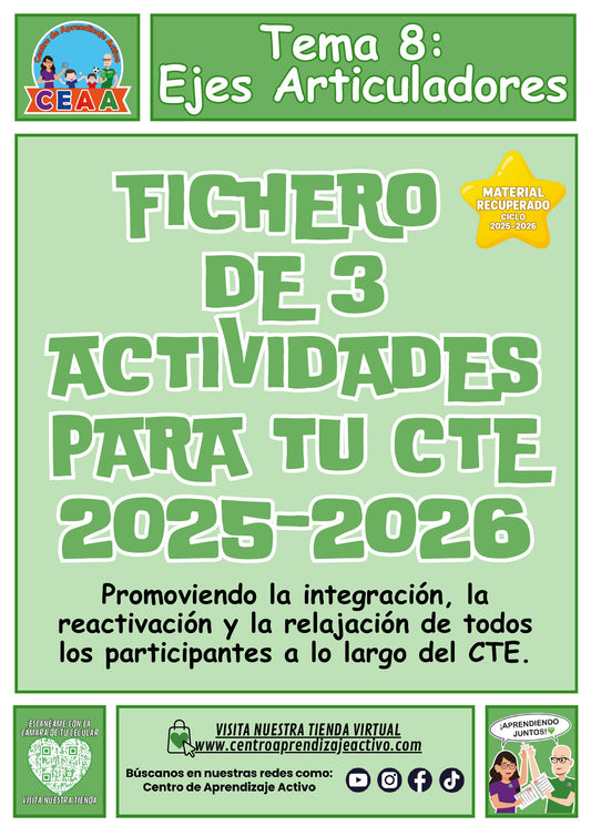 Portada del fichero de tres actividades para el CTE: Ejes articuladores, tema 8. Bienvenida e integración, pausa activa, relajación y cierre. Material recuperado 25/26.
