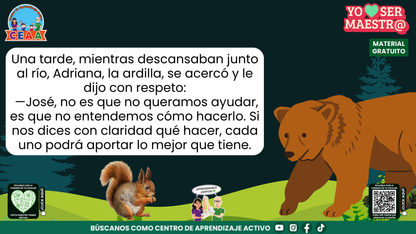 Adriana, la ardilla, explica a José la necesidad de indicaciones claras.
