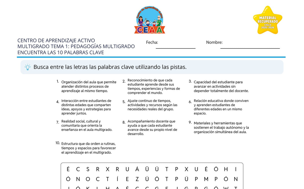 Vista parcial del juego para imprimir 2: Encuentra las 10 palabras clave — Pedagogías multigrado (Material recuperado 25/26)