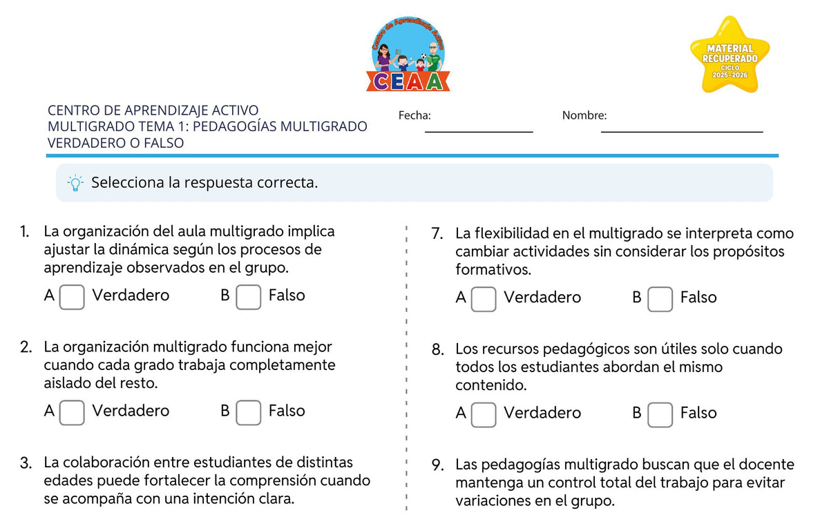 Vista parcial del juego para imprimir 3: Verdadero o falso — Pedagogías multigrado (Material recuperado 25/26)