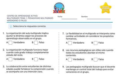 Vista parcial del juego para imprimir 3: Verdadero o falso — Pedagogías multigrado (Material recuperado 25/26)