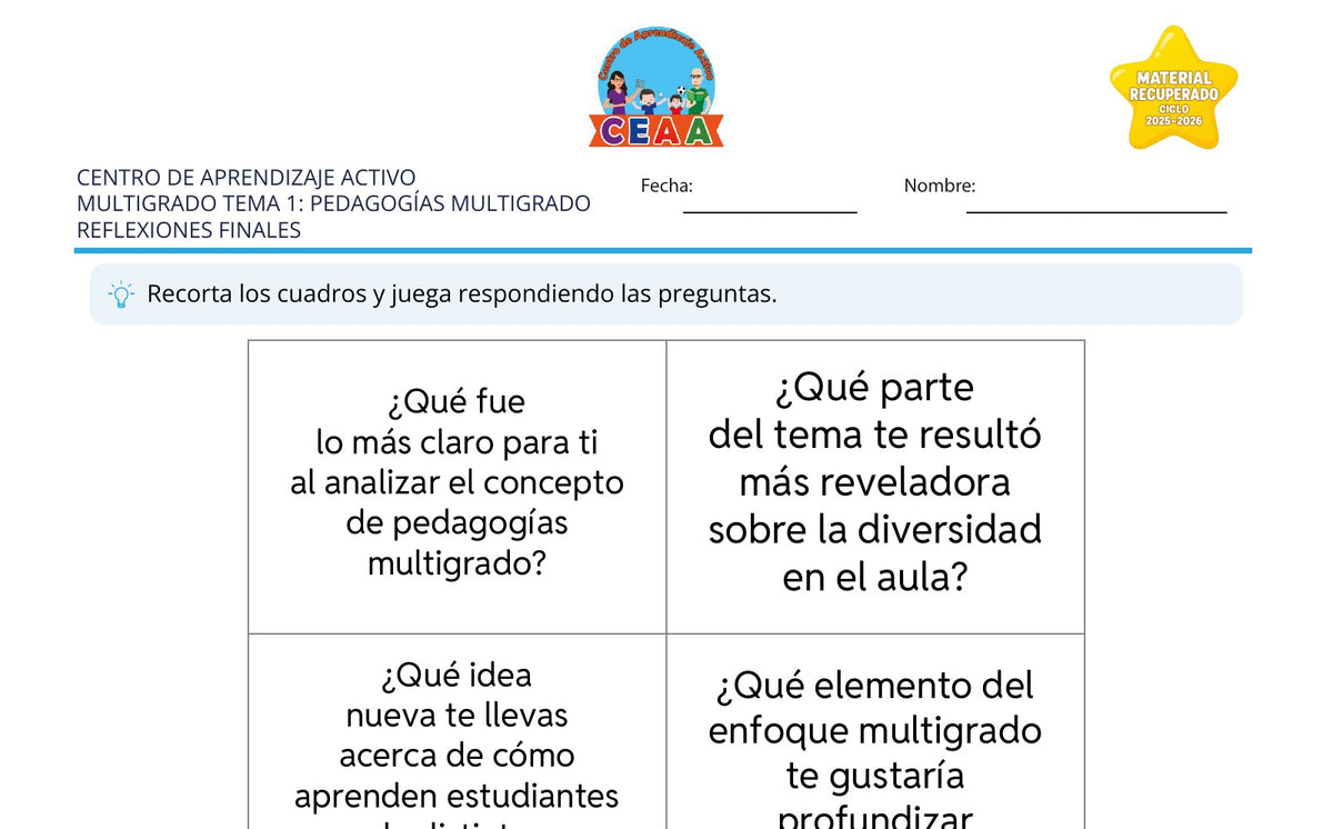 Vista parcial del juego para imprimir 4: Reflexiones finales — Pedagogías multigrado (Material recuperado 25/26)