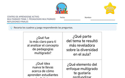 Vista parcial del juego para imprimir 4: Reflexiones finales — Pedagogías multigrado (Material recuperado 25/26)