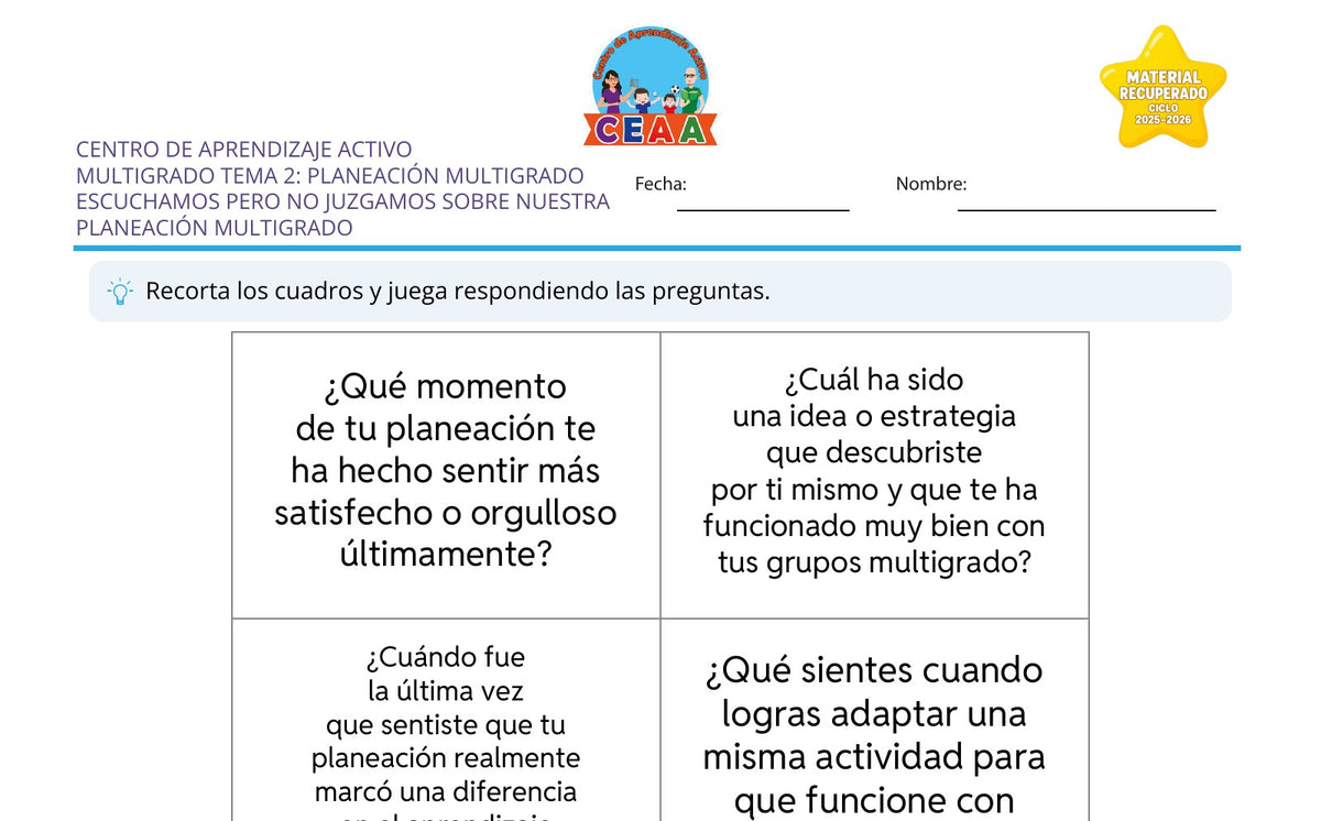 Vista parcial del juego para imprimir 1: Escuchamos pero no juzgamos sobre nuestra planeación multigrado — Planeación didáctica multigrado (Material recuperado 25/26)
