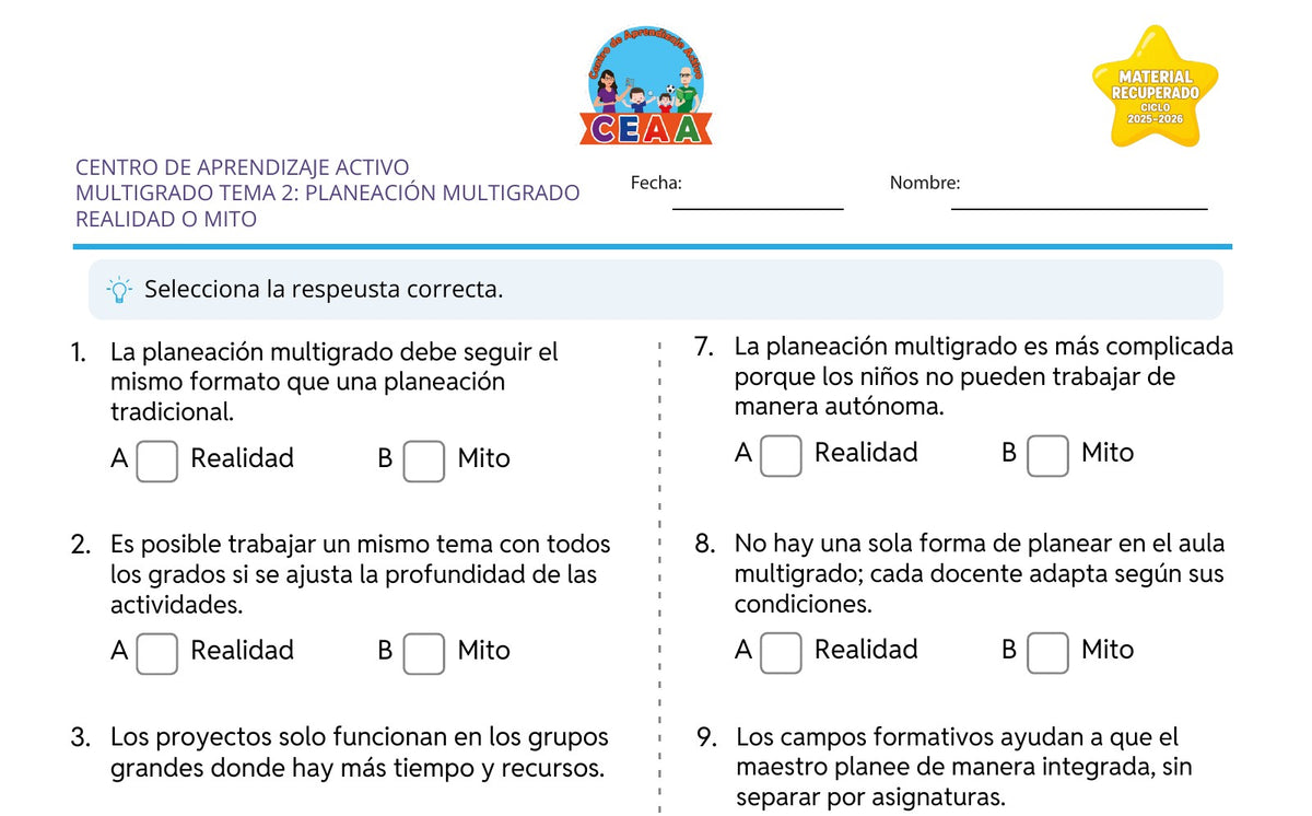 Vista parcial del juego para imprimir 2: Realidad o mito — Planeación didáctica multigrado (Material recuperado 25/26)