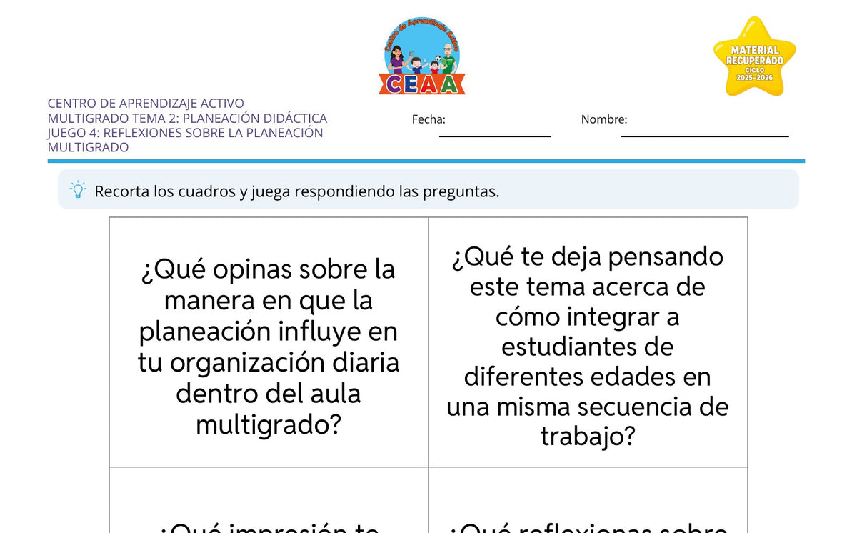 Vista parcial del juego para imprimir 4: Reflexiones sobre la planeación multigrado — Planeación didáctica multigrado (Material recuperado 25/26)