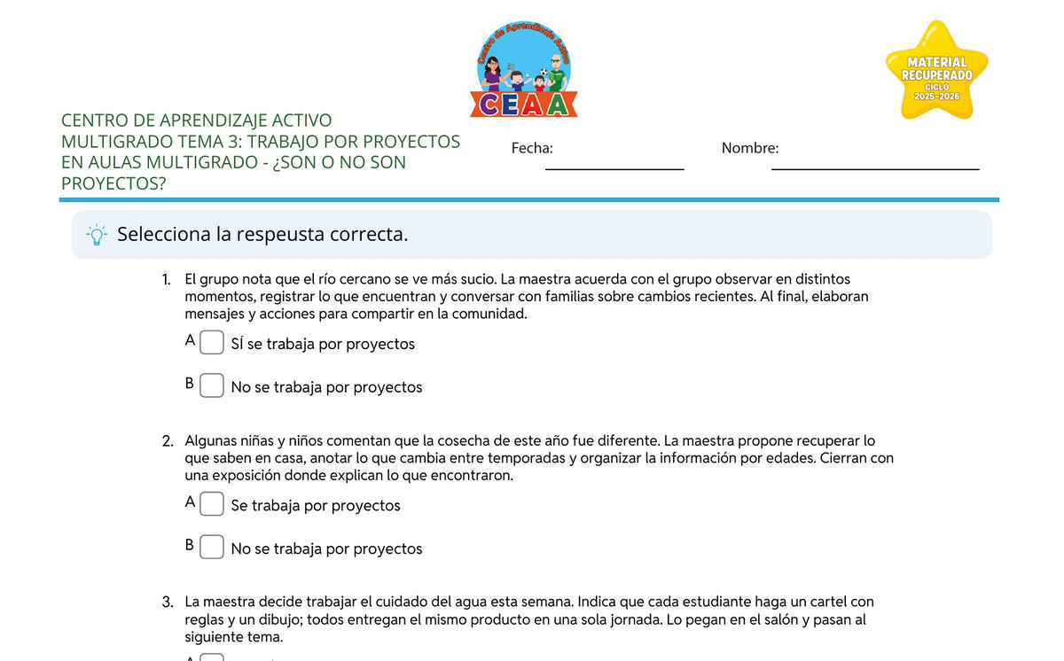 Vista parcial del juego para imprimir 2: ¿Son o no son proyectos? — Trabajo por proyectos en aulas multigrado (Material recuperado 25/26)