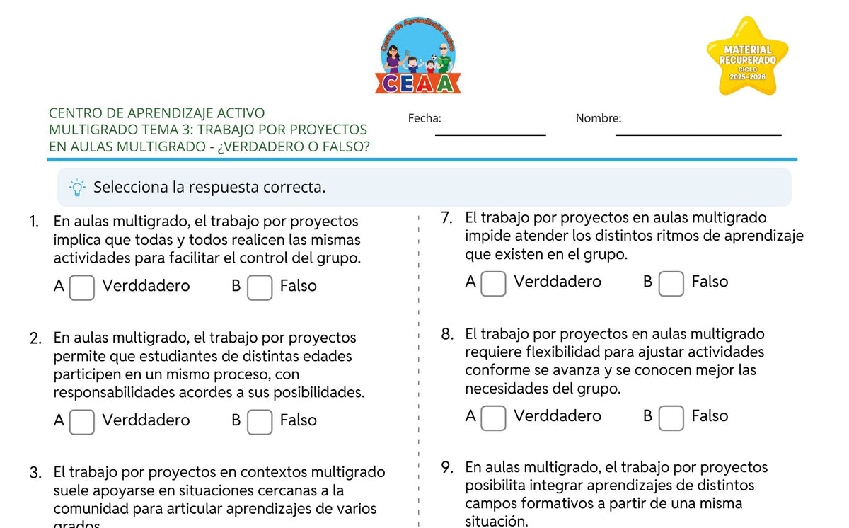 Vista parcial del juego para imprimir 3: ¿Verdadero o falso? — Trabajo por proyectos en aulas multigrado (Material recuperado 25/26)