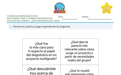 Vista parcial del juego para imprimir 4: ¿Qué aprendimos del tema? — Trabajo por proyectos en aulas multigrado (Material recuperado 25/26)