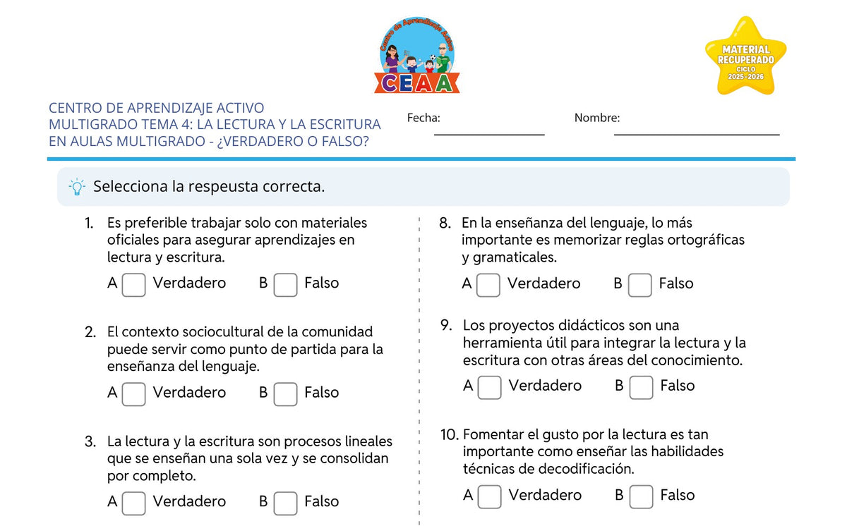 Vista parcial del juego para imprimir 2: ¿Verdadero o falso? — La lectura y la escritura en aulas multigrado (Material recuperado 25/26)