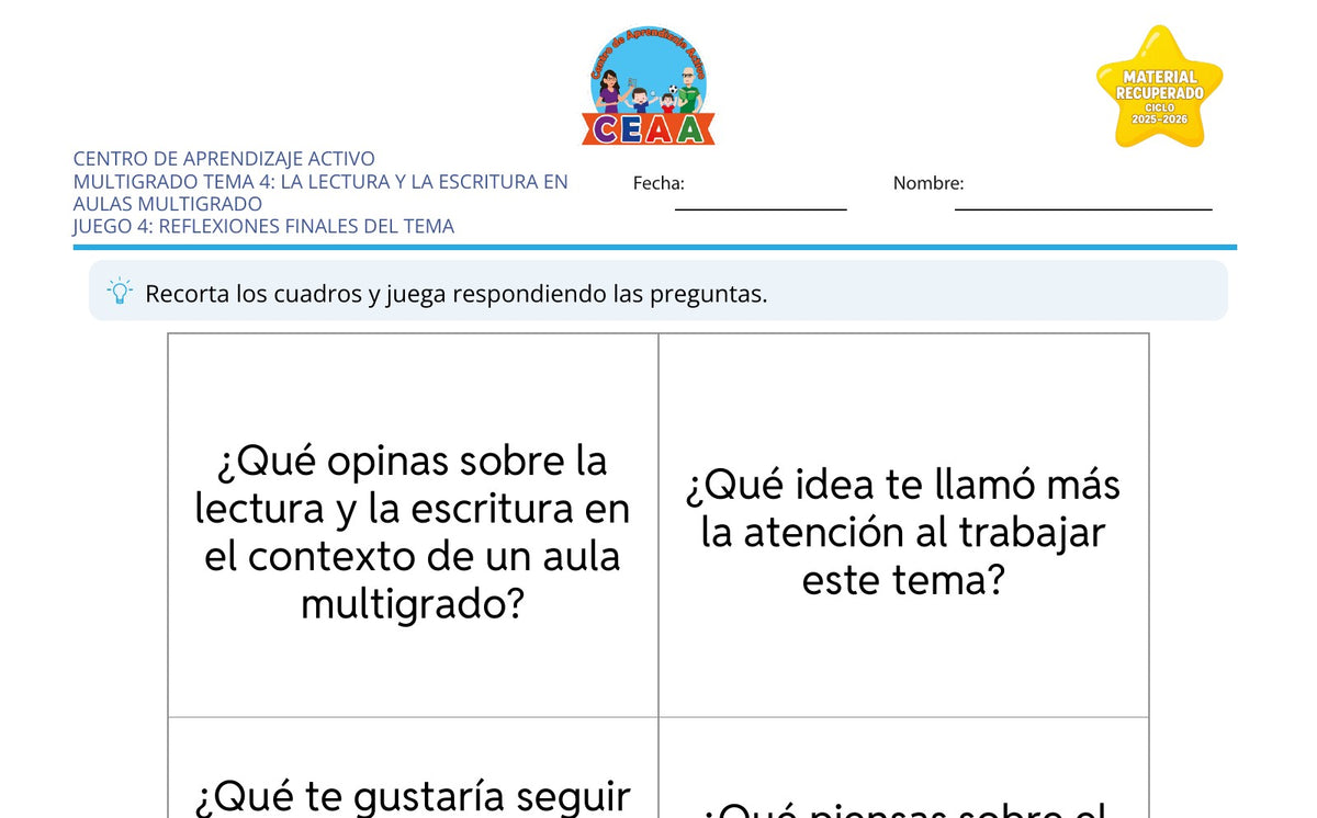 Vista parcial del juego para imprimir 4: Reflexiones finales del tema — La lectura y la escritura en aulas multigrado (Material recuperado 25/26)