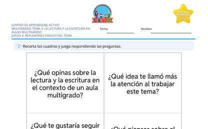 Vista parcial del juego para imprimir 4: Reflexiones finales del tema — La lectura y la escritura en aulas multigrado (Material recuperado 25/26)