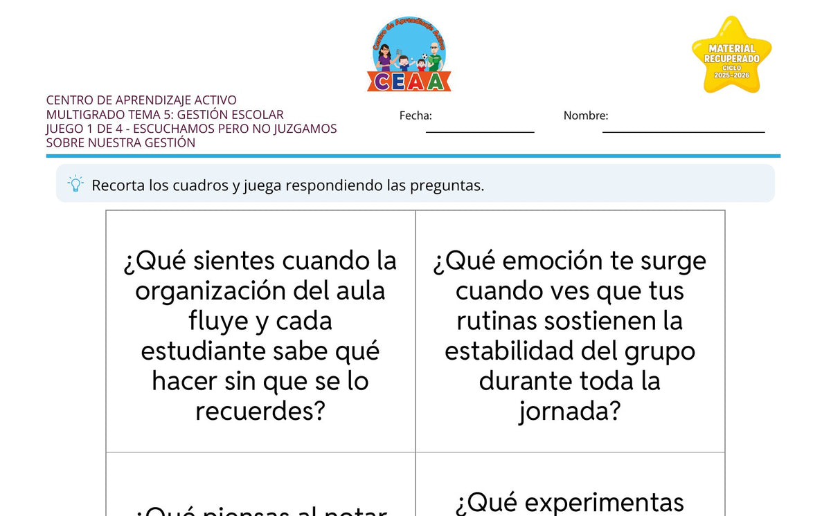 Vista parcial del juego para imprimir 1: Escuchamos pero no juzgamos sobre nuestra gestión — Gestión escolar multigrado (Material recuperado 25/26)