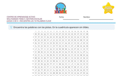 Vista parcial del juego para imprimir 2: Encuentra las 10 palabras clave — Gestión escolar multigrado (Material recuperado 25/26)