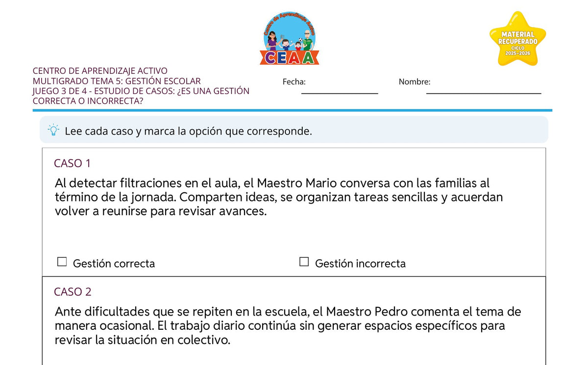 Vista parcial del juego para imprimir 3: Estudio de casos: ¿Es una gestión correcta o incorrecta? — Gestión escolar multigrado (Material recuperado 25/26)