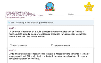 Vista parcial del juego para imprimir 3: Estudio de casos: ¿Es una gestión correcta o incorrecta? — Gestión escolar multigrado (Material recuperado 25/26)