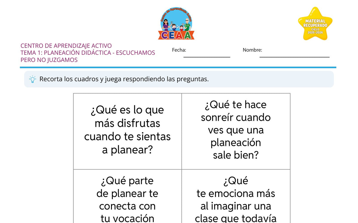 Vista parcial del juego para imprimir 1: Escuchamos pero no juzgamos — Planeación didáctica (Material recuperado 25/26)