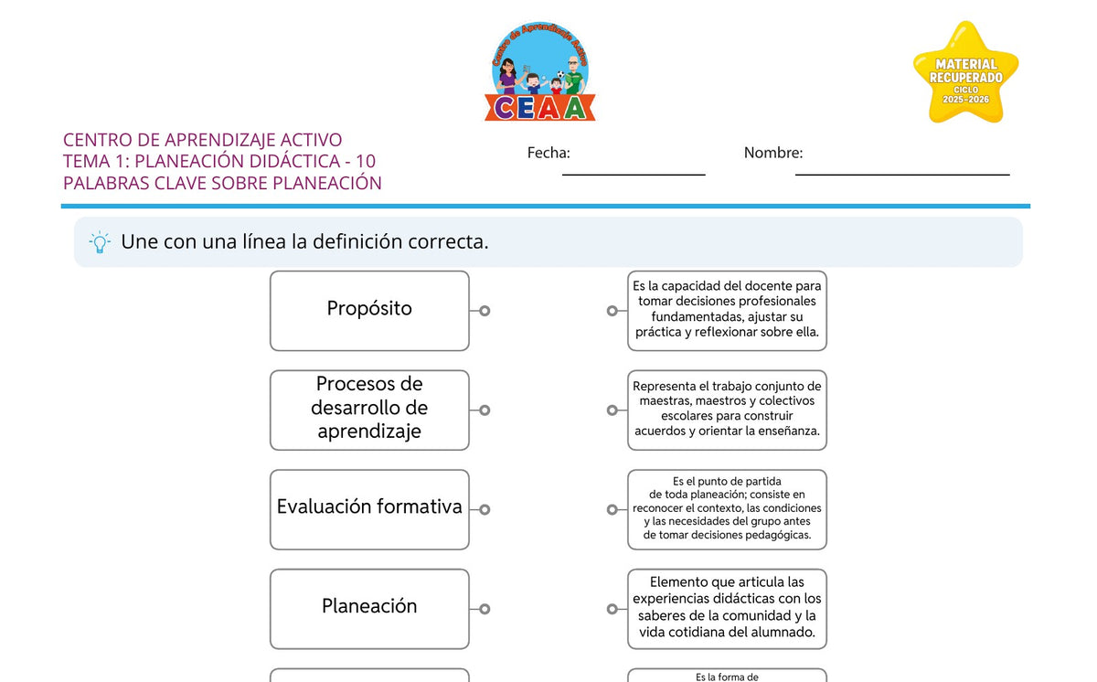 Vista parcial del juego para imprimir 2: 10 palabras clave sobre planeación — Planeación didáctica (Material recuperado 25/26)