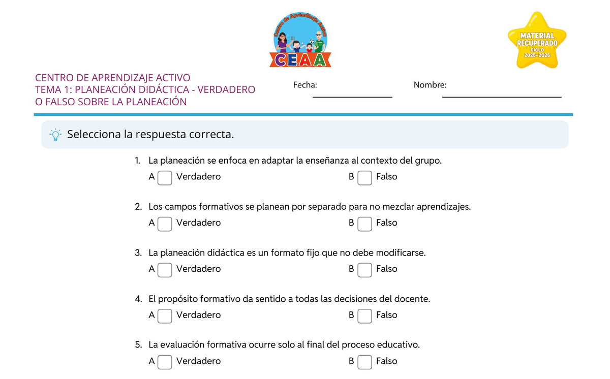 Vista parcial del juego para imprimir 3: Verdadero o falso sobre la planeación — Planeación didáctica (Material recuperado 25/26)
