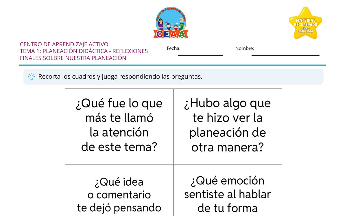 Vista parcial del juego para imprimir 4: Reflexiones finales sobre nuestra planeación — Planeación didáctica (Material recuperado 25/26)