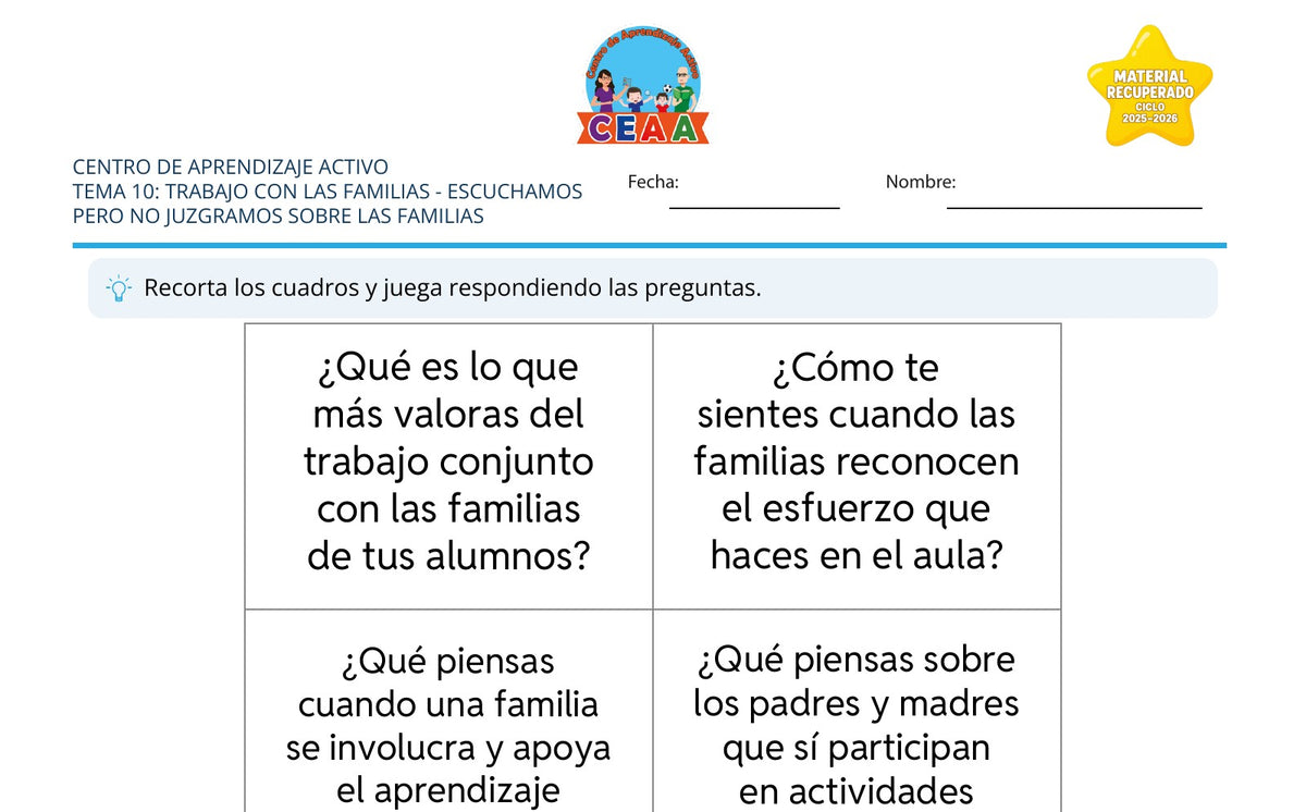 Vista parcial del juego para imprimir 1: Escuchamos pero no juzgamos sobre las familias — Trabajo con las familias (Material recuperado 25/26)