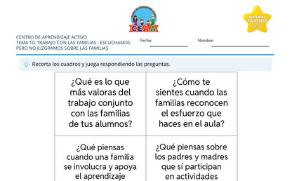 Vista parcial del juego para imprimir 1: Escuchamos pero no juzgamos sobre las familias — Trabajo con las familias (Material recuperado 25/26)