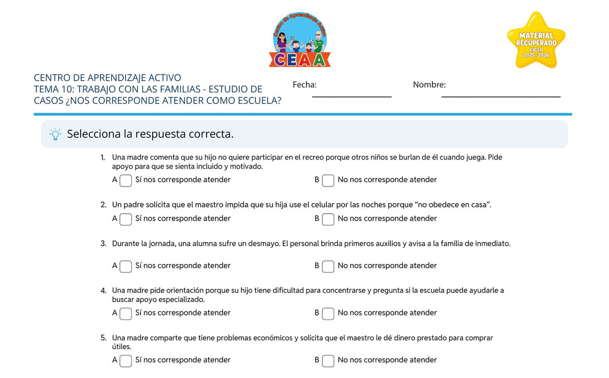 Vista parcial del juego para imprimir 2: Estudio de casos: ¿Nos corresponde atender como escuela? — Trabajo con las familias (Material recuperado 25/26)