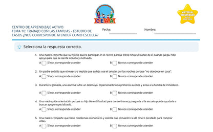 Vista parcial del juego para imprimir 2: Estudio de casos: ¿Nos corresponde atender como escuela? — Trabajo con las familias (Material recuperado 25/26)