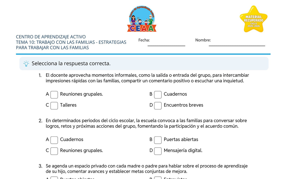 Vista parcial del juego para imprimir 3: Estrategias para trabajar con las familias — Trabajo con las familias (Material recuperado 25/26)
